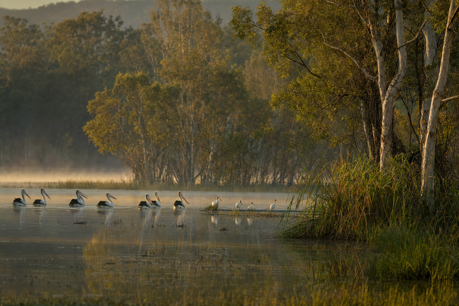 Pelicans on a misty morning wetland in Brisbane's south-west